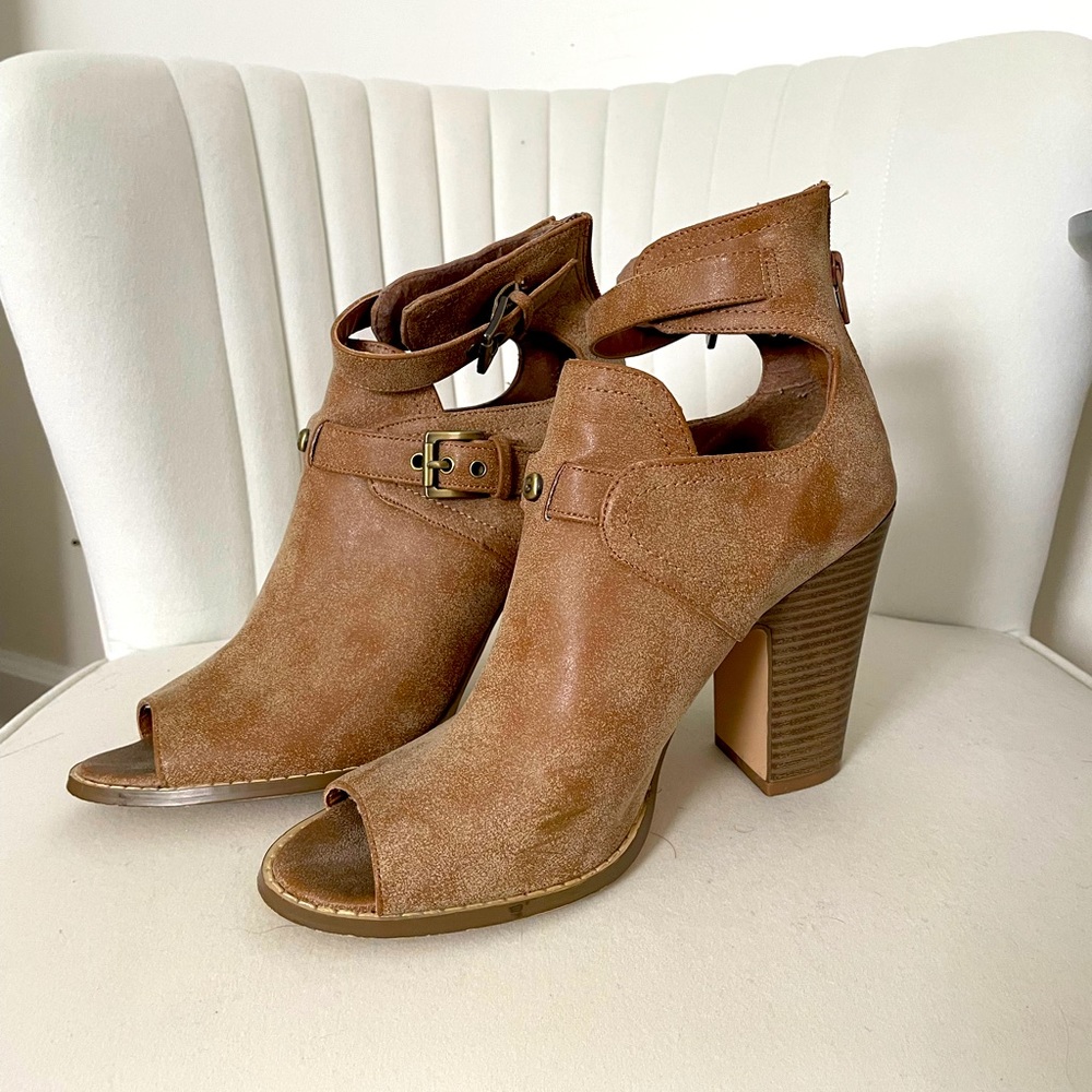 Open-Toe Suede Heeled Booties
